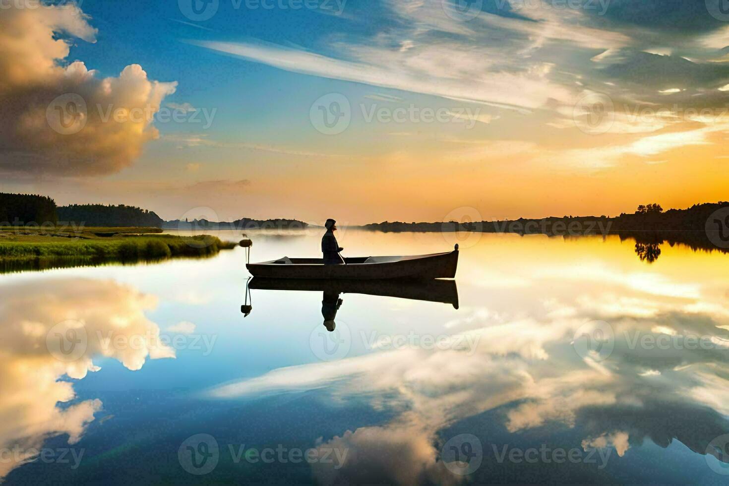 un' uomo nel un' barca su un' calma lago a tramonto. ai-generato foto