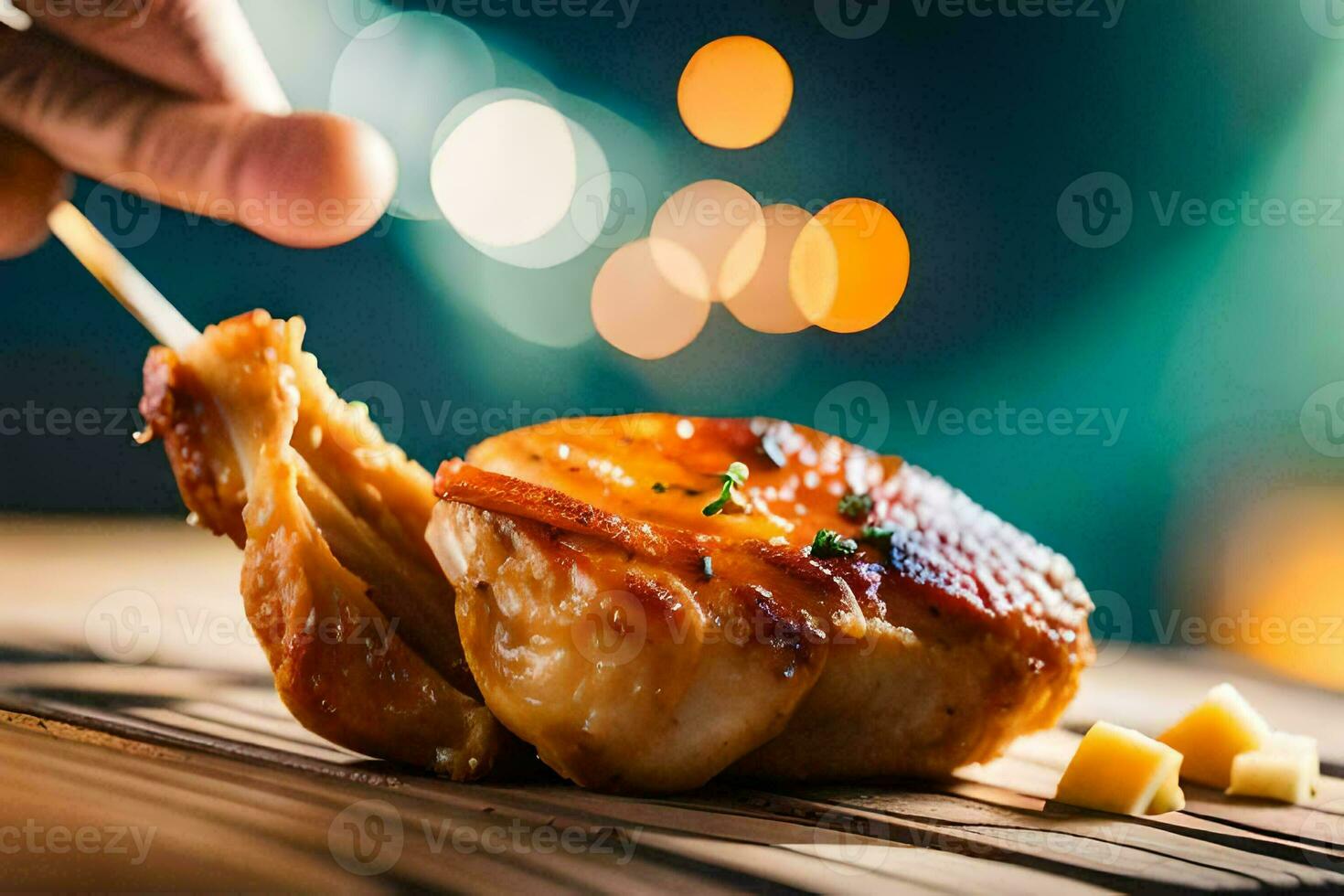 un' persona Tenere un' pezzo di pollo su un' di legno taglio tavola. ai-generato foto
