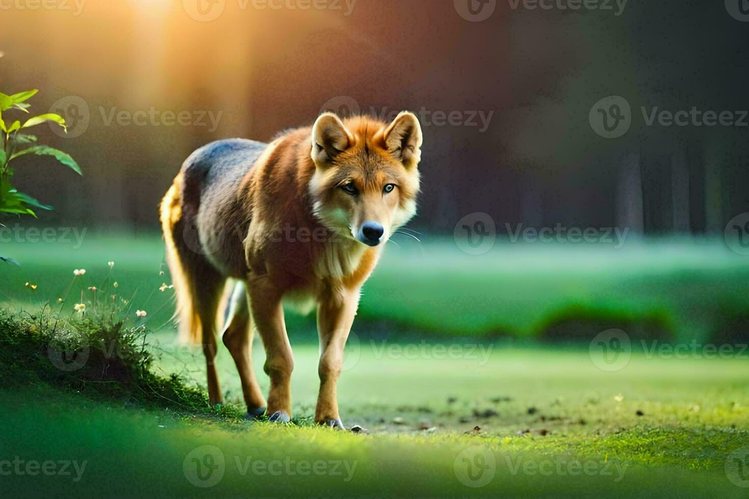 un' lupo è a piedi nel il erba a tramonto. ai-generato foto