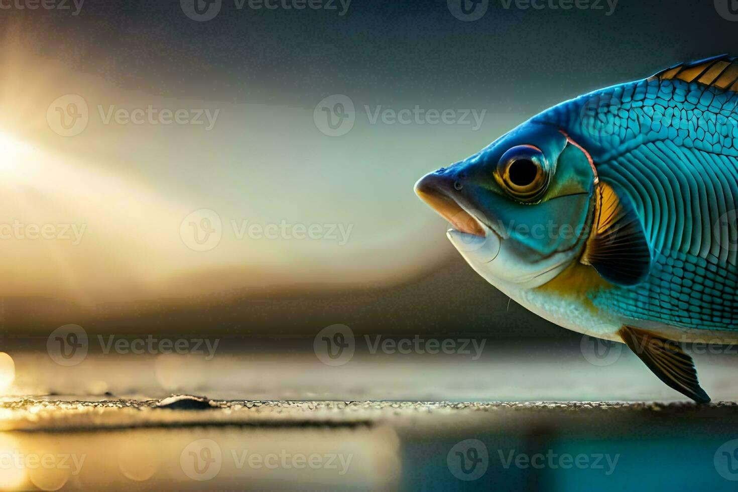 un' pesce è in piedi su il spiaggia con il sole nel il sfondo. ai-generato foto