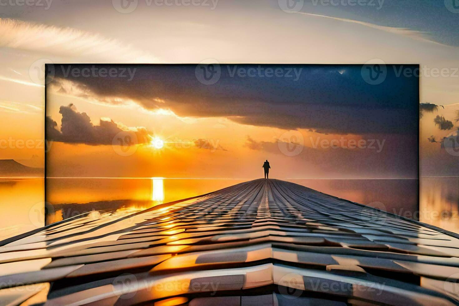 un' uomo in piedi su un' ponte guardare a il tramonto. ai-generato foto