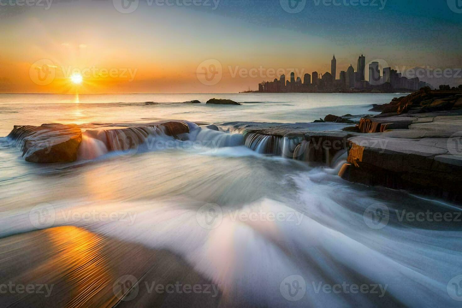 il sole imposta al di sopra di il città orizzonte nel Questo foto. ai-generato foto