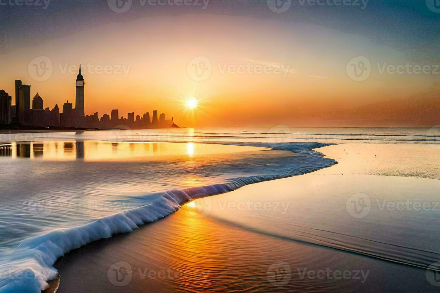 il sole sorge al di sopra di il città orizzonte nel dubai. ai-generato foto