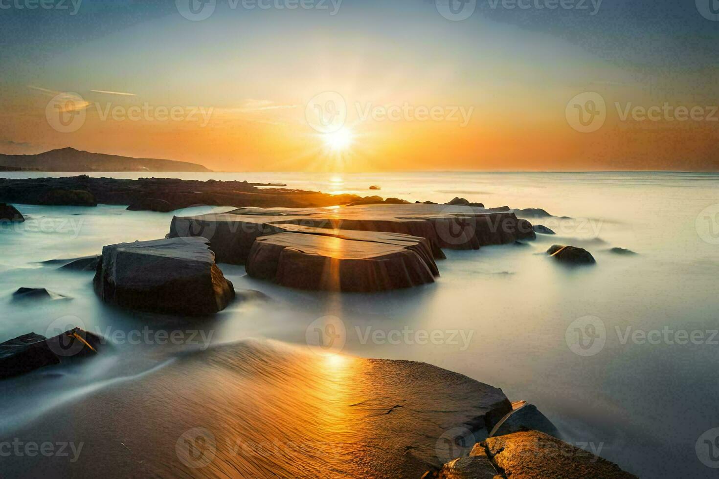 il sole sorge al di sopra di il oceano e rocce. ai-generato foto