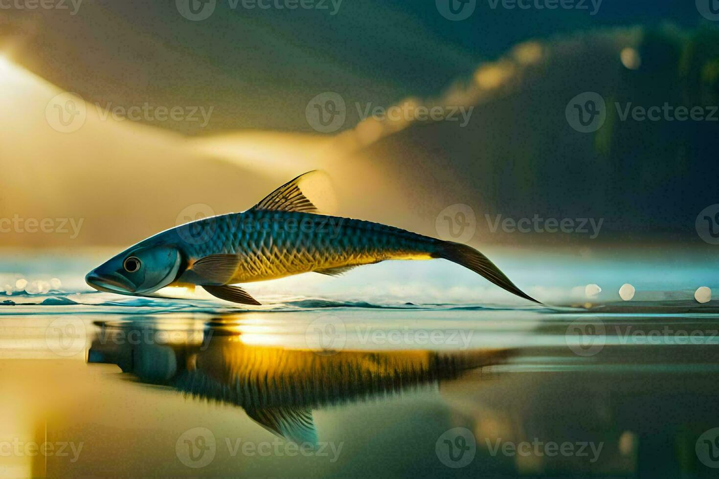 un' pesce è nuoto nel il acqua a tramonto. ai-generato foto