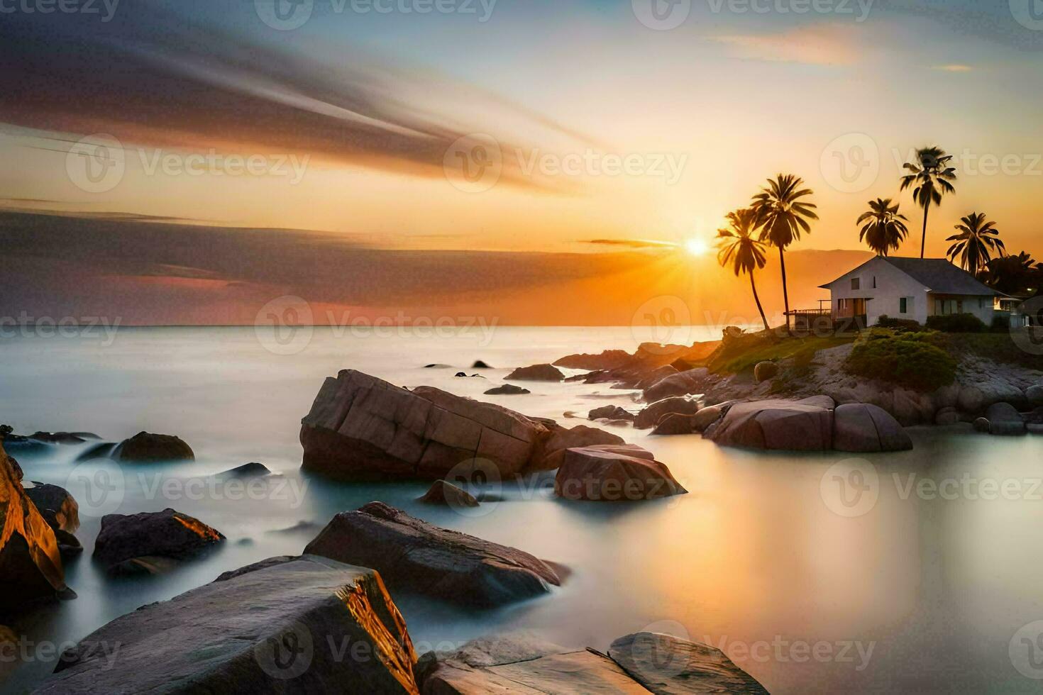 il sole imposta al di sopra di un' roccioso spiaggia con palma alberi. ai-generato foto