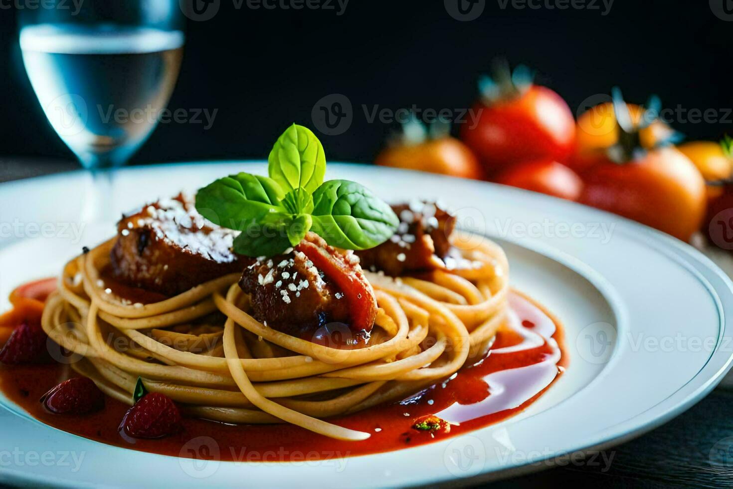 spaghetti con Polpette e pomodoro salsa su un' bianca piatto. ai-generato foto