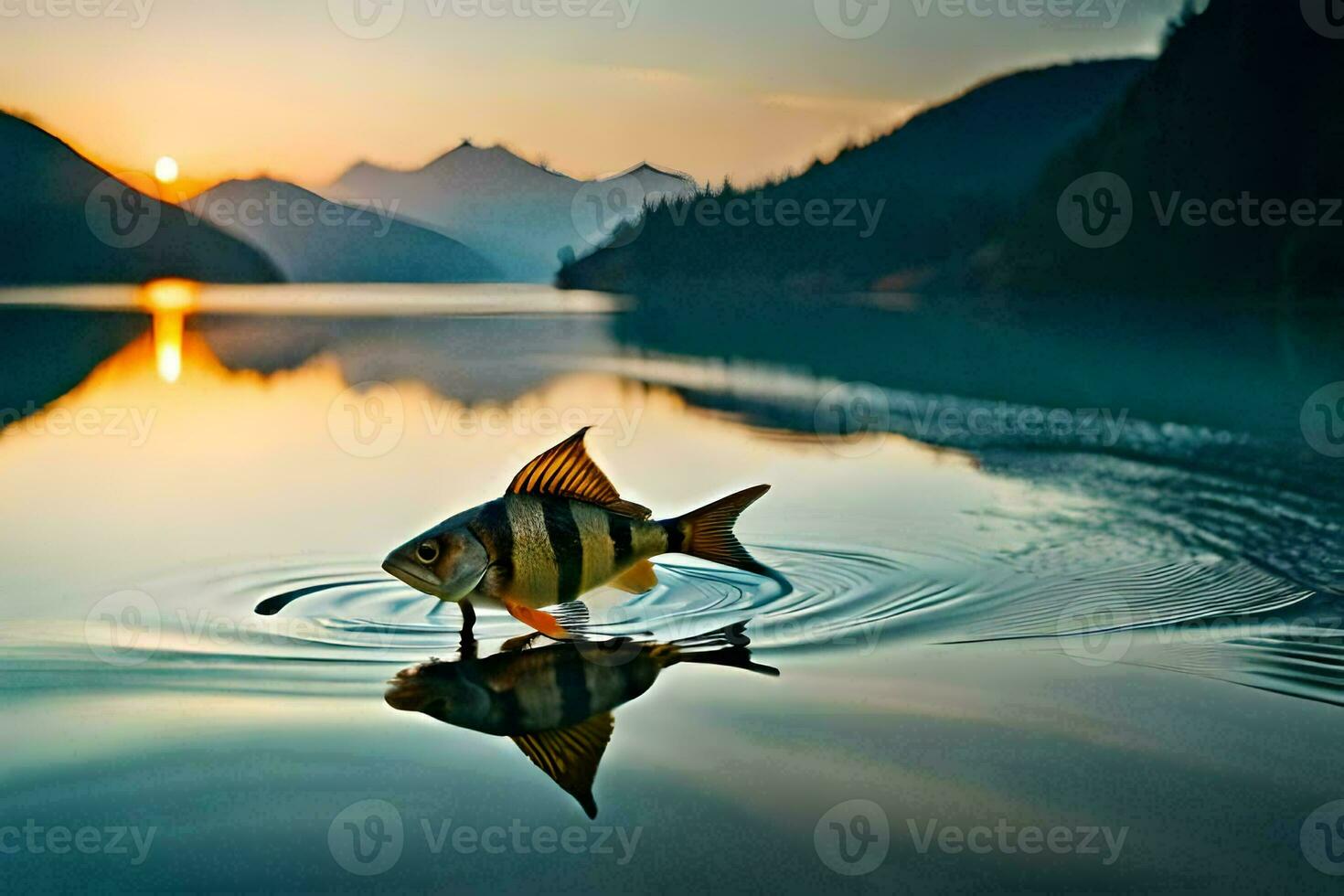 un' pesce è galleggiante nel il acqua a tramonto. ai-generato foto