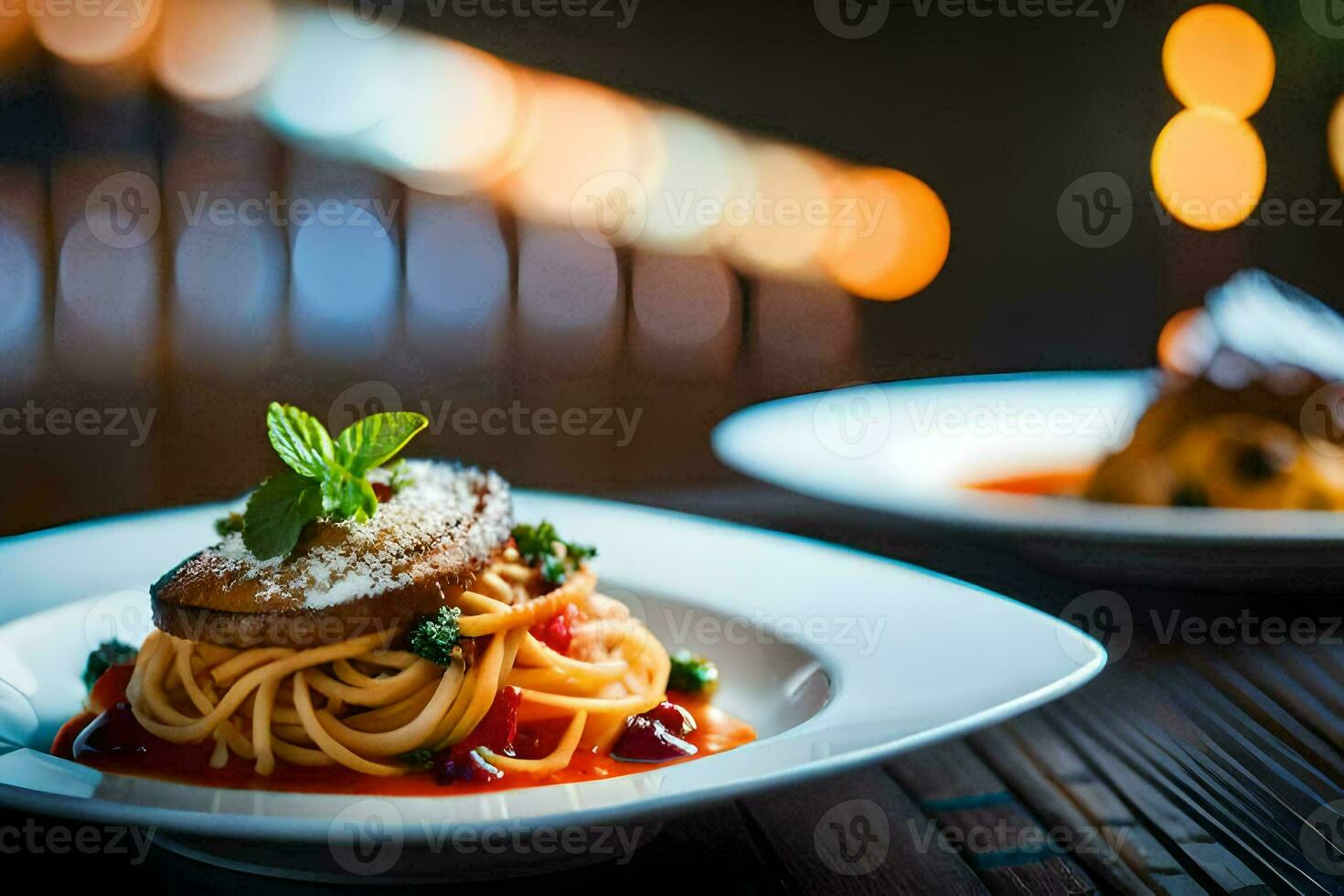 Due bianca piatti con spaghetti e carne su loro. ai-generato foto