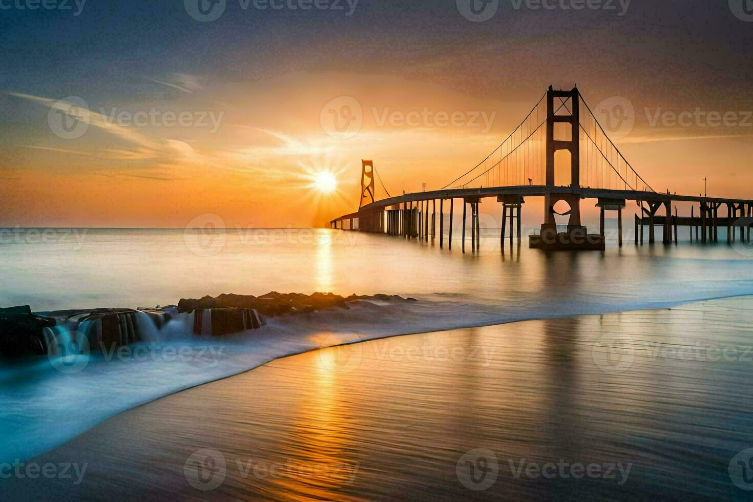 il d'oro cancello ponte a tramonto. ai-generato foto