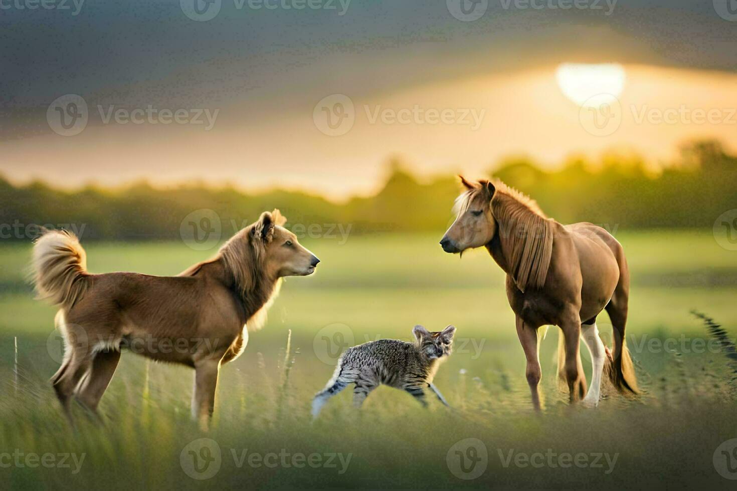 Due cavalli e un' gatto nel un' campo a tramonto. ai-generato foto