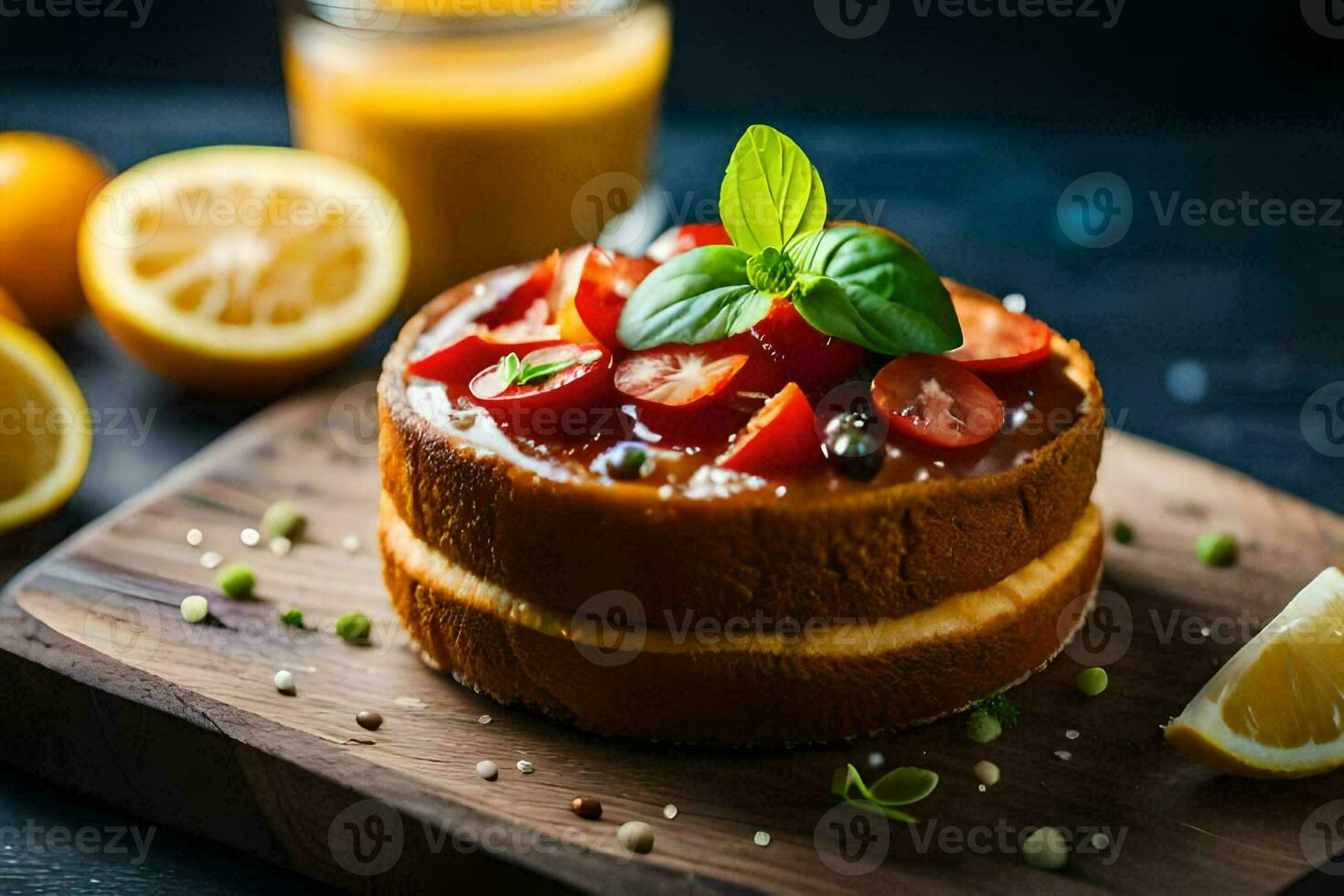 un' torta con pomodori e basilico su superiore. ai-generato foto