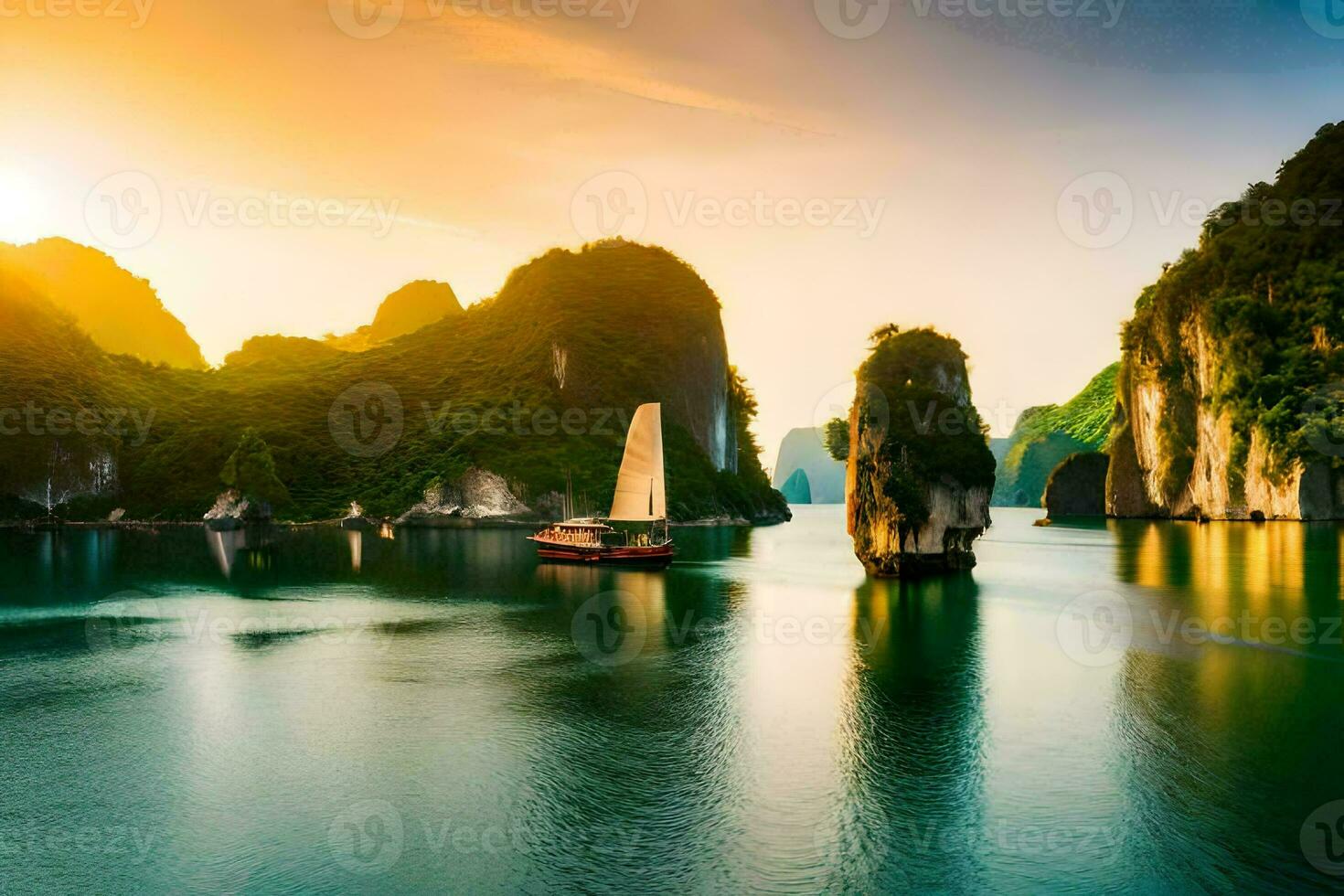 il sole imposta al di sopra di il acqua nel halong baia, Vietnam. ai-generato foto