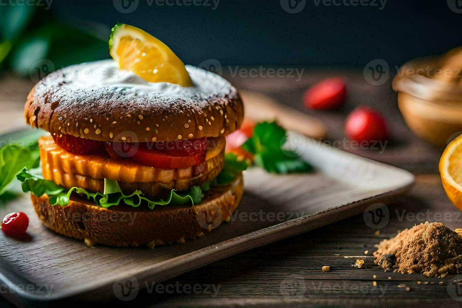 un' Hamburger con un' fragola e arancia fetta su superiore. ai-generato foto