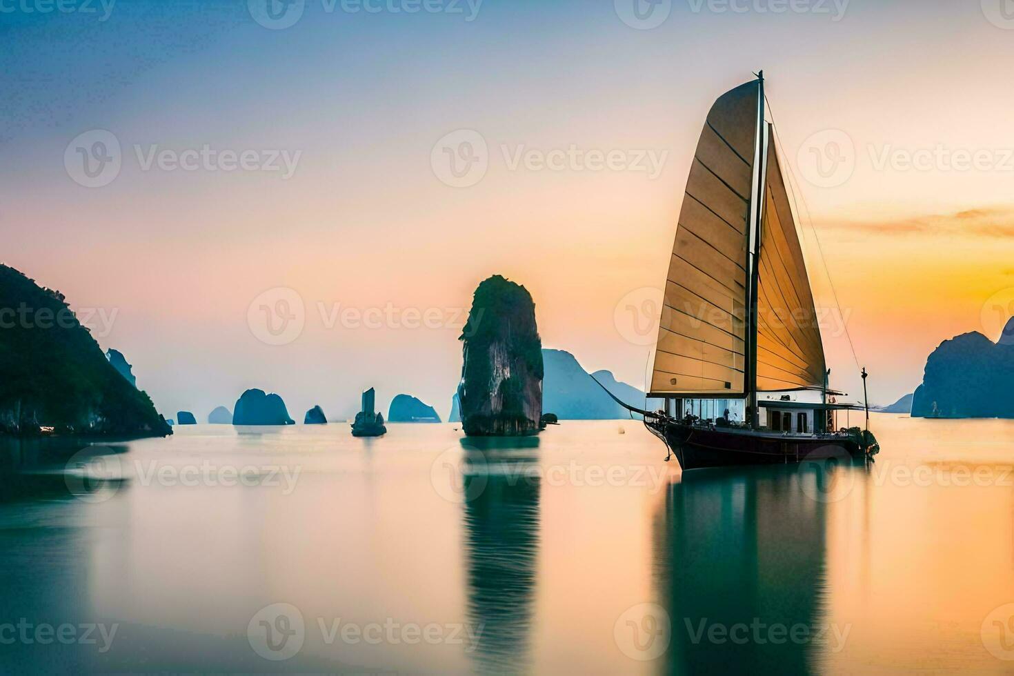 un' barca a vela nel il acqua a tramonto. ai-generato foto