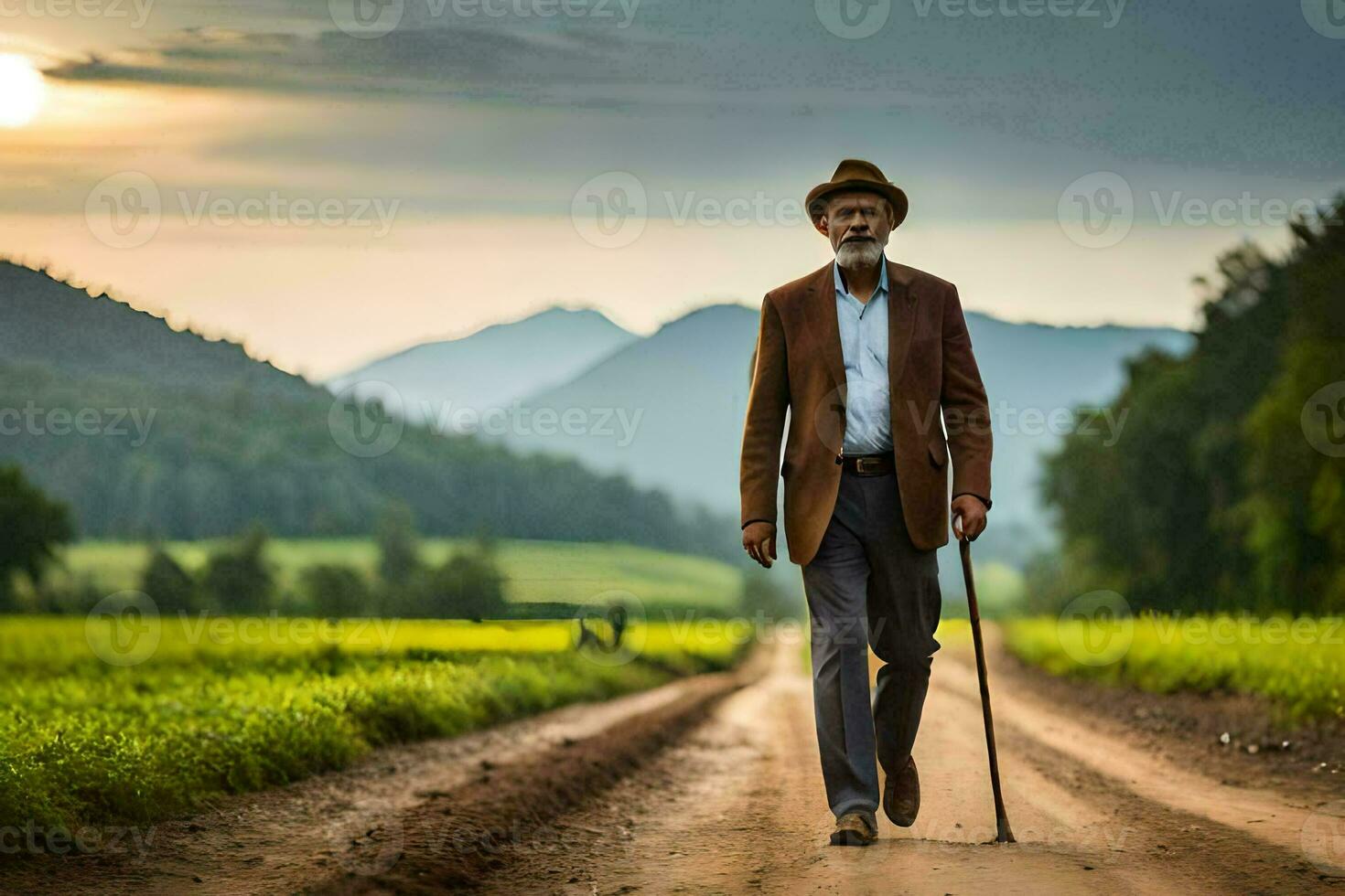 un vecchio uomo a piedi su un' sporco strada con un' canna. ai-generato foto