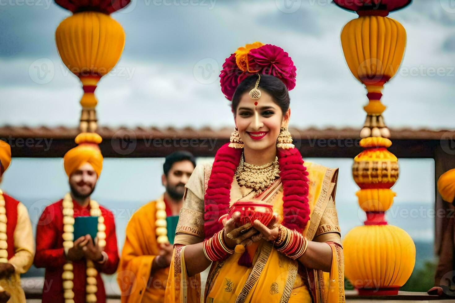 un' bellissimo sposa nel giallo e rosso è Tenere un' rosso e oro squillo. ai-generato foto