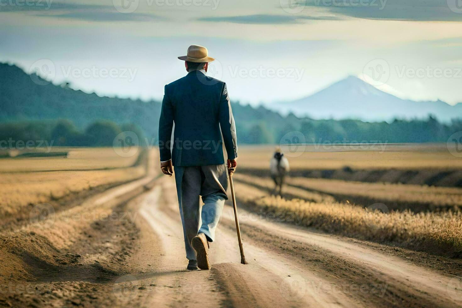 un' uomo nel un' completo da uomo passeggiate giù un' sporco strada. ai-generato foto