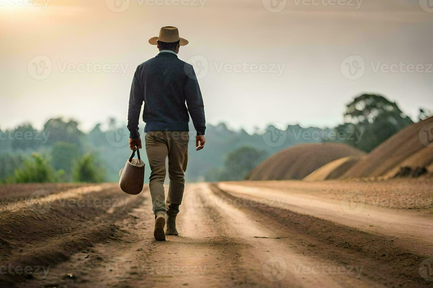 un' uomo a piedi giù un' sporco strada con un' Borsa. ai-generato foto