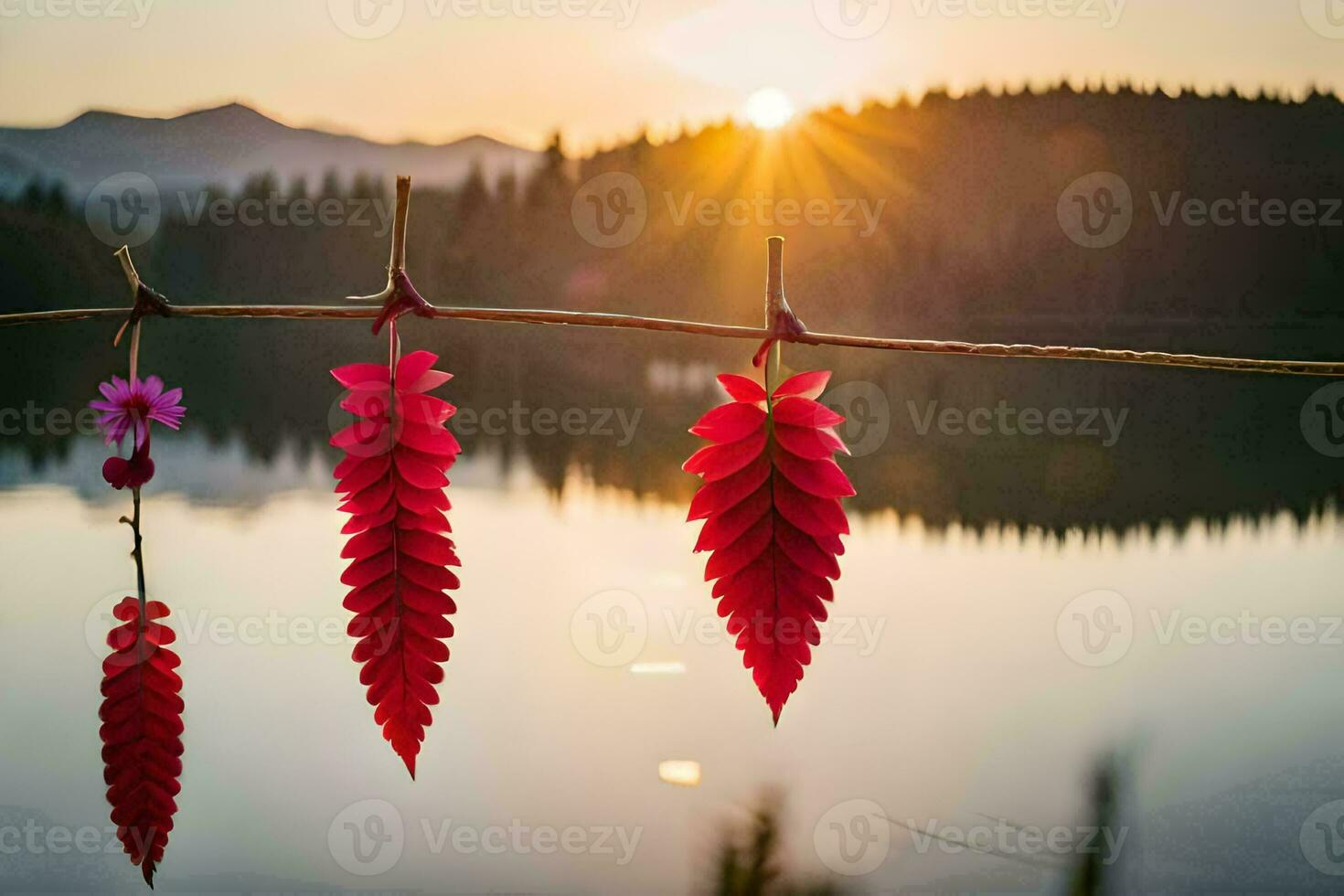 rosso le foglie sospeso a partire dal un' filo al di sopra di un' lago. ai-generato foto