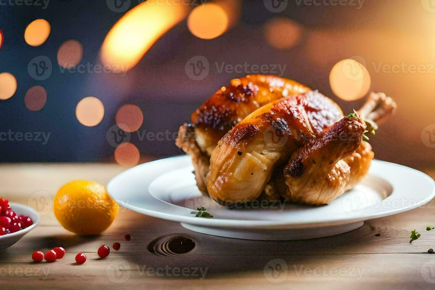 un' arrostito pollo su un' piatto con un' ciotola di mirtilli. ai-generato foto