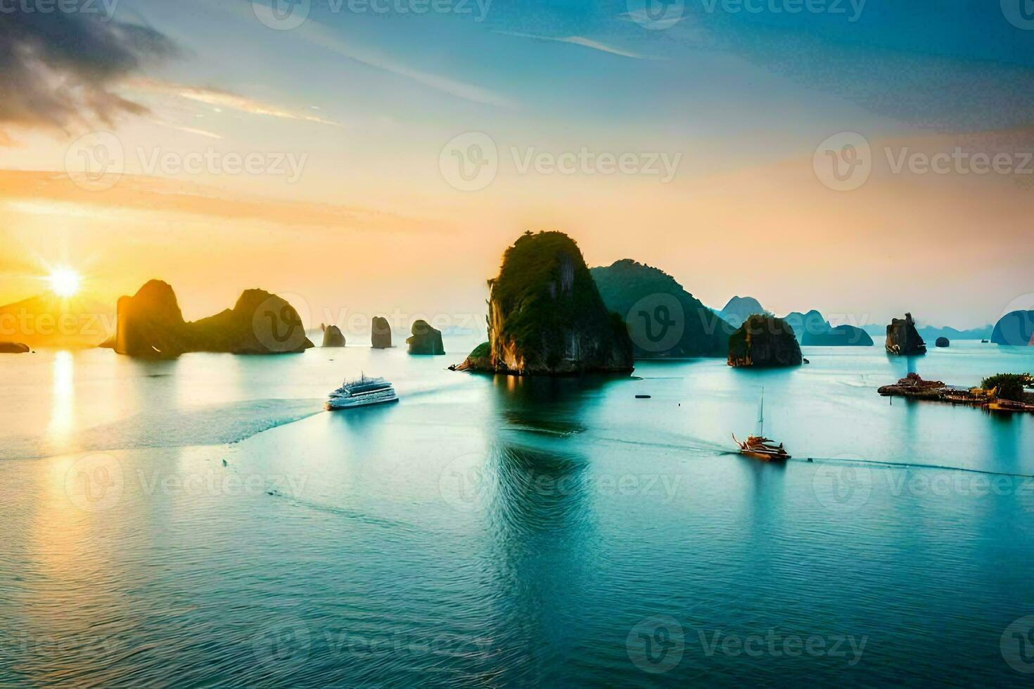 il sole imposta al di sopra di il acqua nel halong baia. ai-generato foto