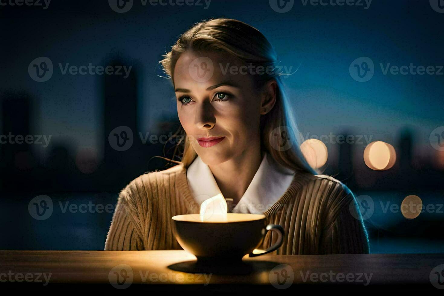 un' donna è seduta a un' tavolo con un' tazza di caffè. ai-generato foto