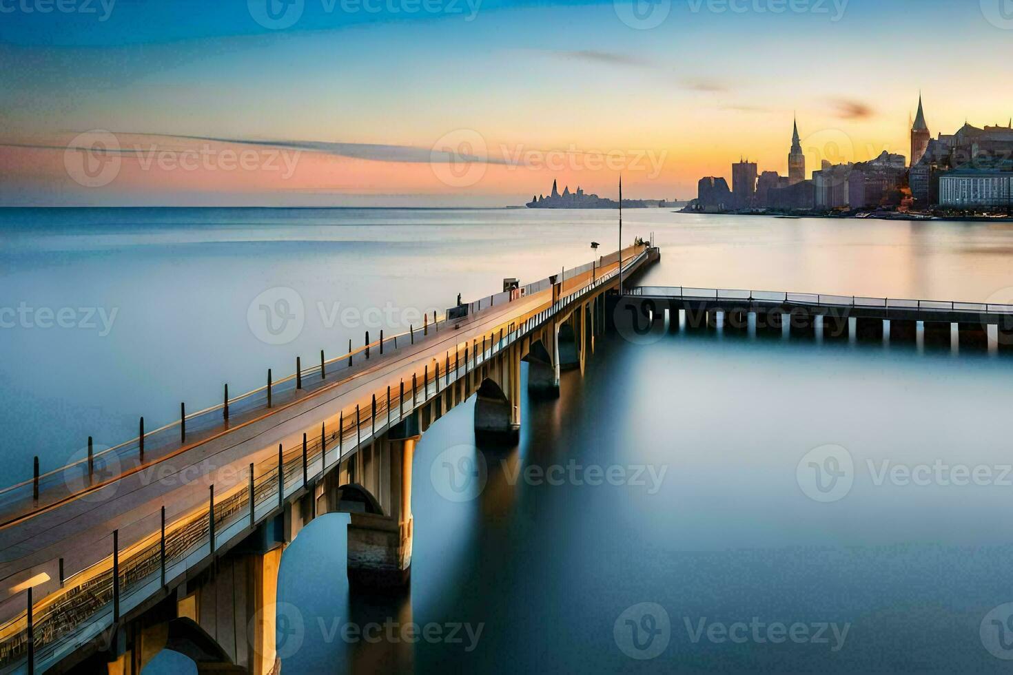 un' lungo esposizione fotografia di un' ponte al di sopra di il acqua. ai-generato foto