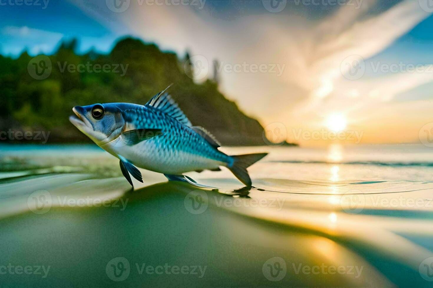 un' pesce è in piedi su il acqua a tramonto. ai-generato foto