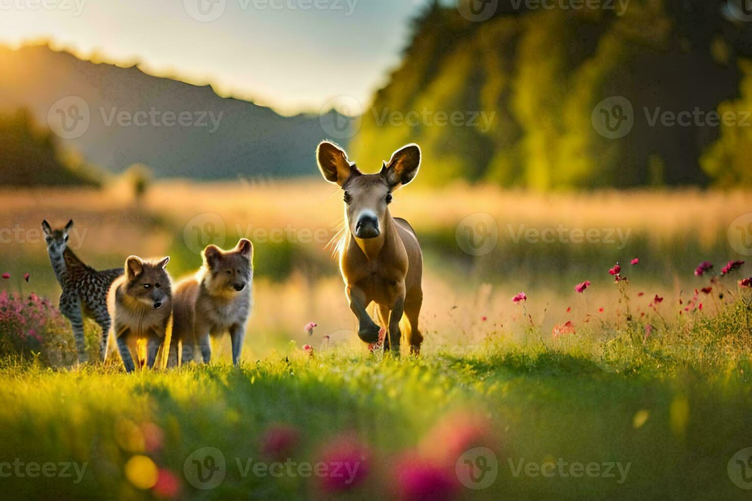 cervo in esecuzione attraverso un' campo con Due cani. ai-generato foto