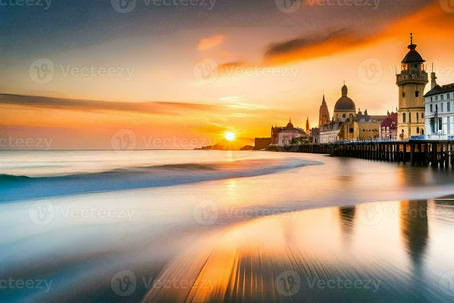 il sole imposta al di sopra di un' spiaggia e un' Chiesa. ai-generato foto