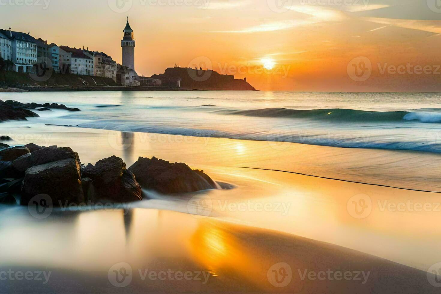 il sole imposta al di sopra di il oceano e un' faro. ai-generato foto