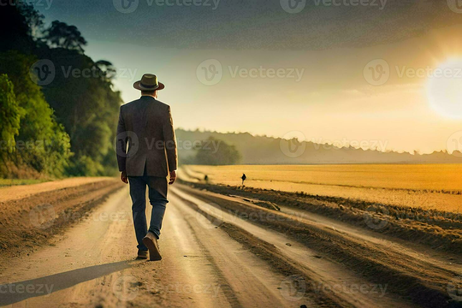 un' uomo nel un' cappello e completo da uomo a piedi giù un' sporco strada. ai-generato foto