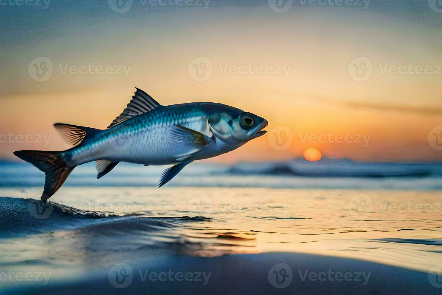 un' pesce è salto su di il acqua a tramonto. ai-generato foto