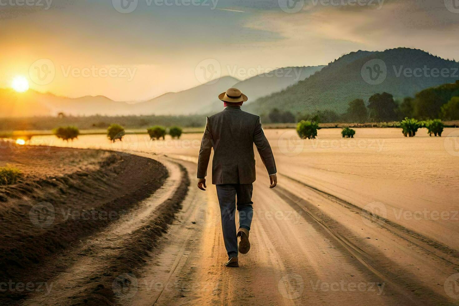 un' uomo nel un' cappello passeggiate giù un' sporco strada. ai-generato foto