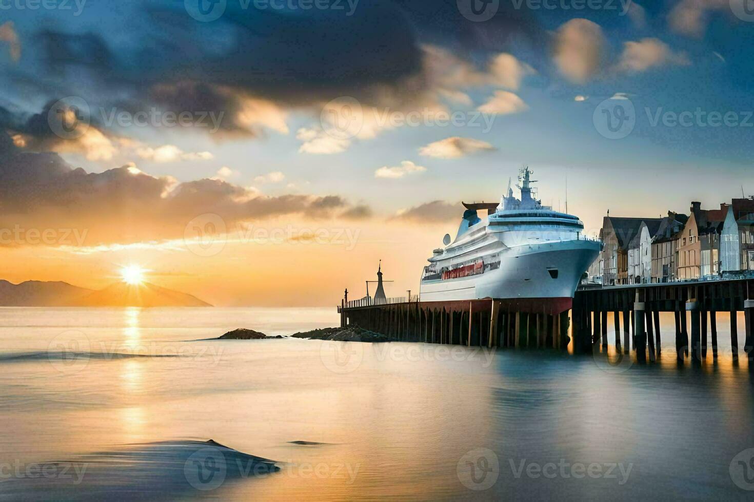 un' crociera nave attraccato a il molo a tramonto. ai-generato foto