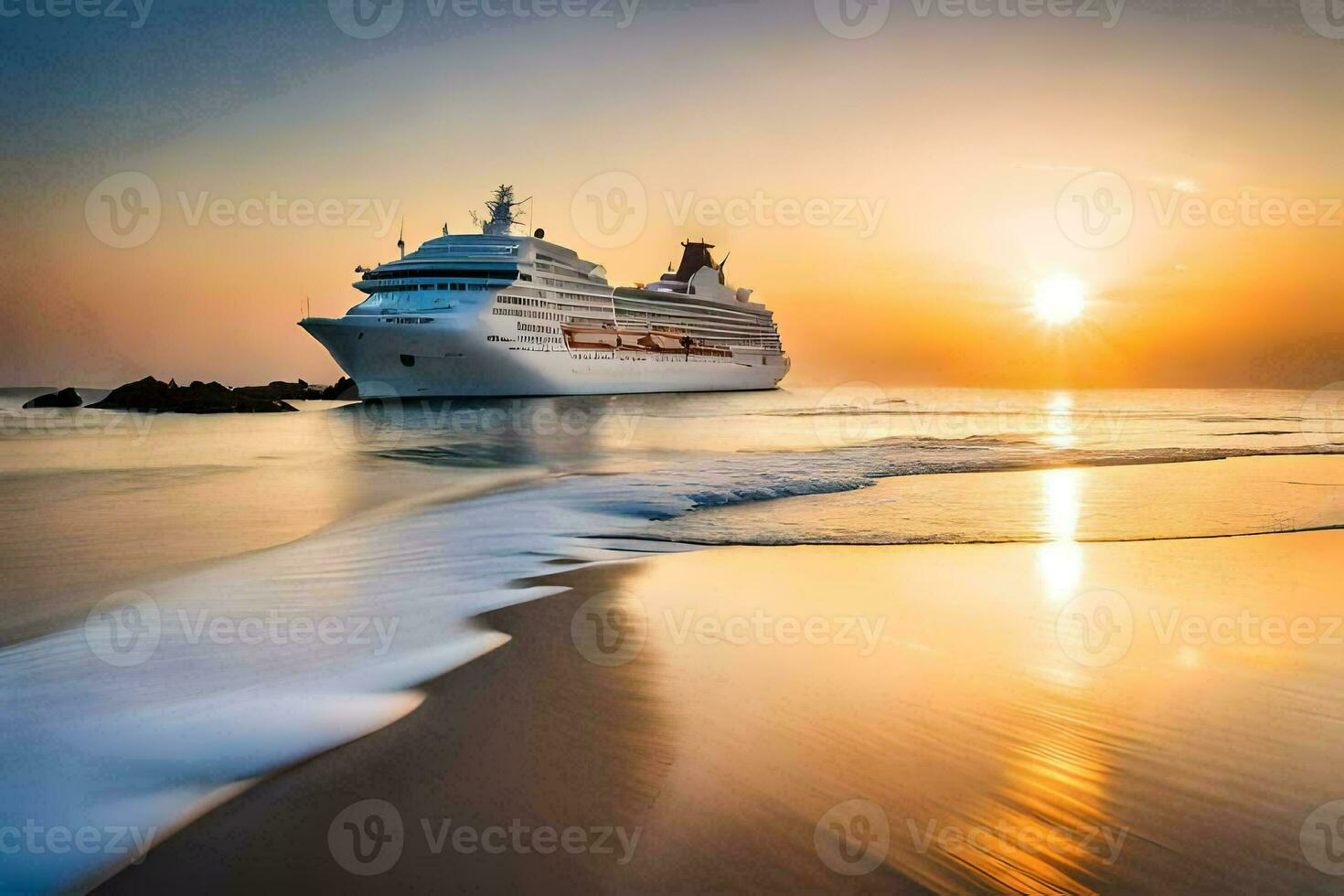 un' crociera nave nel il oceano a tramonto. ai-generato foto