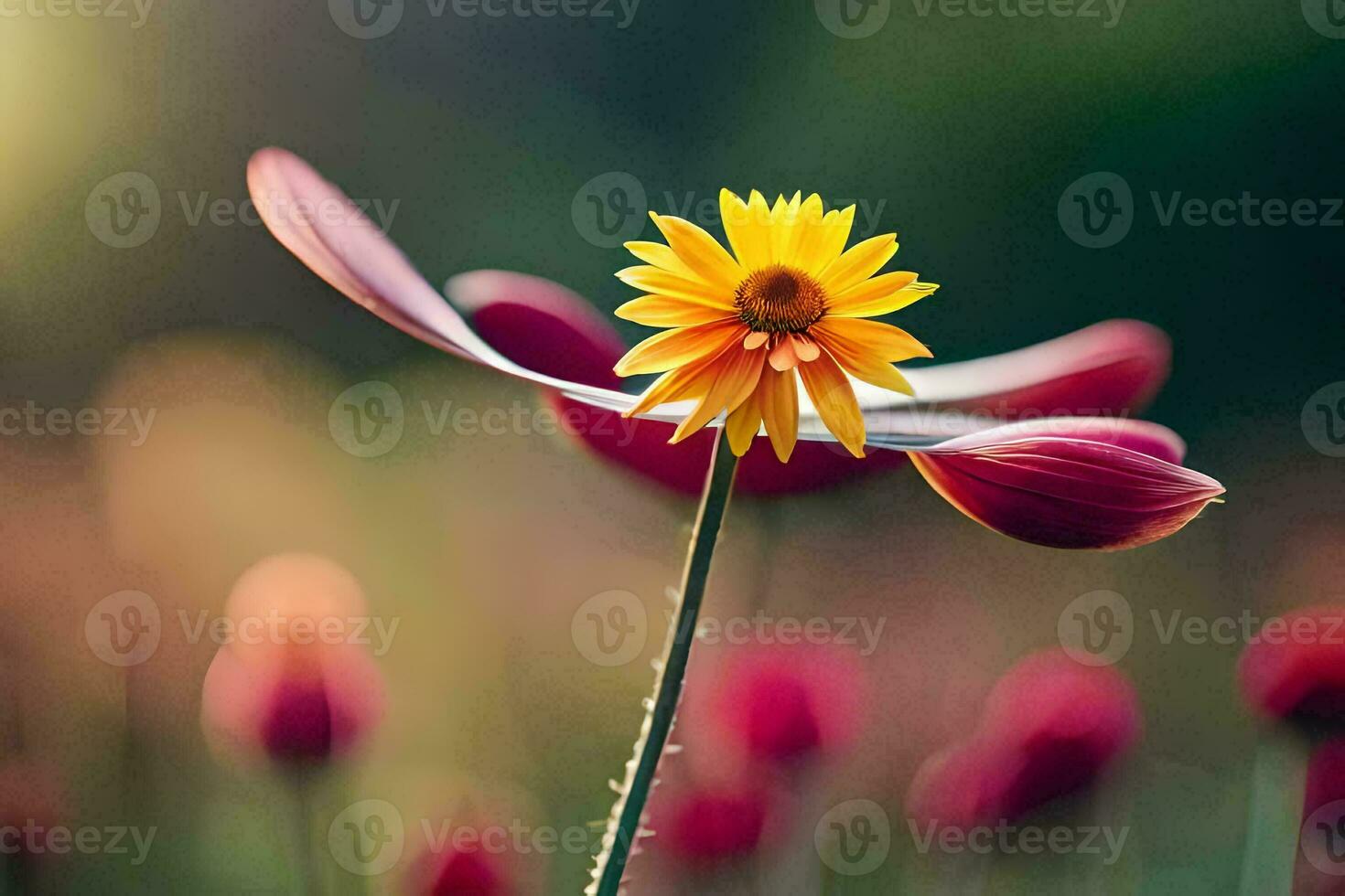 un' singolo giallo fiore è in piedi nel il mezzo di un' campo. ai-generato foto