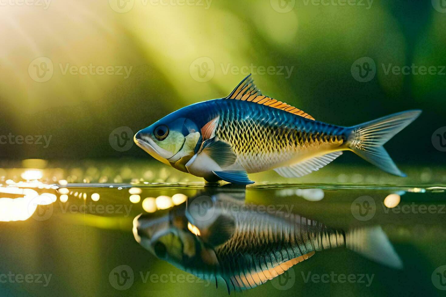 un' pesce è in piedi su il acqua con il sole splendente. ai-generato foto