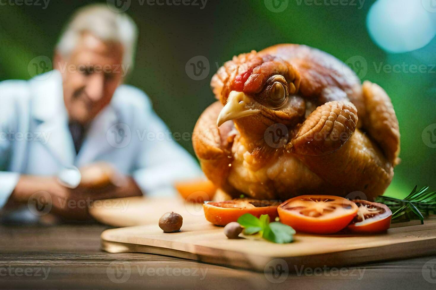 un' medico è guardare a un' pollo su un' taglio tavola. ai-generato foto