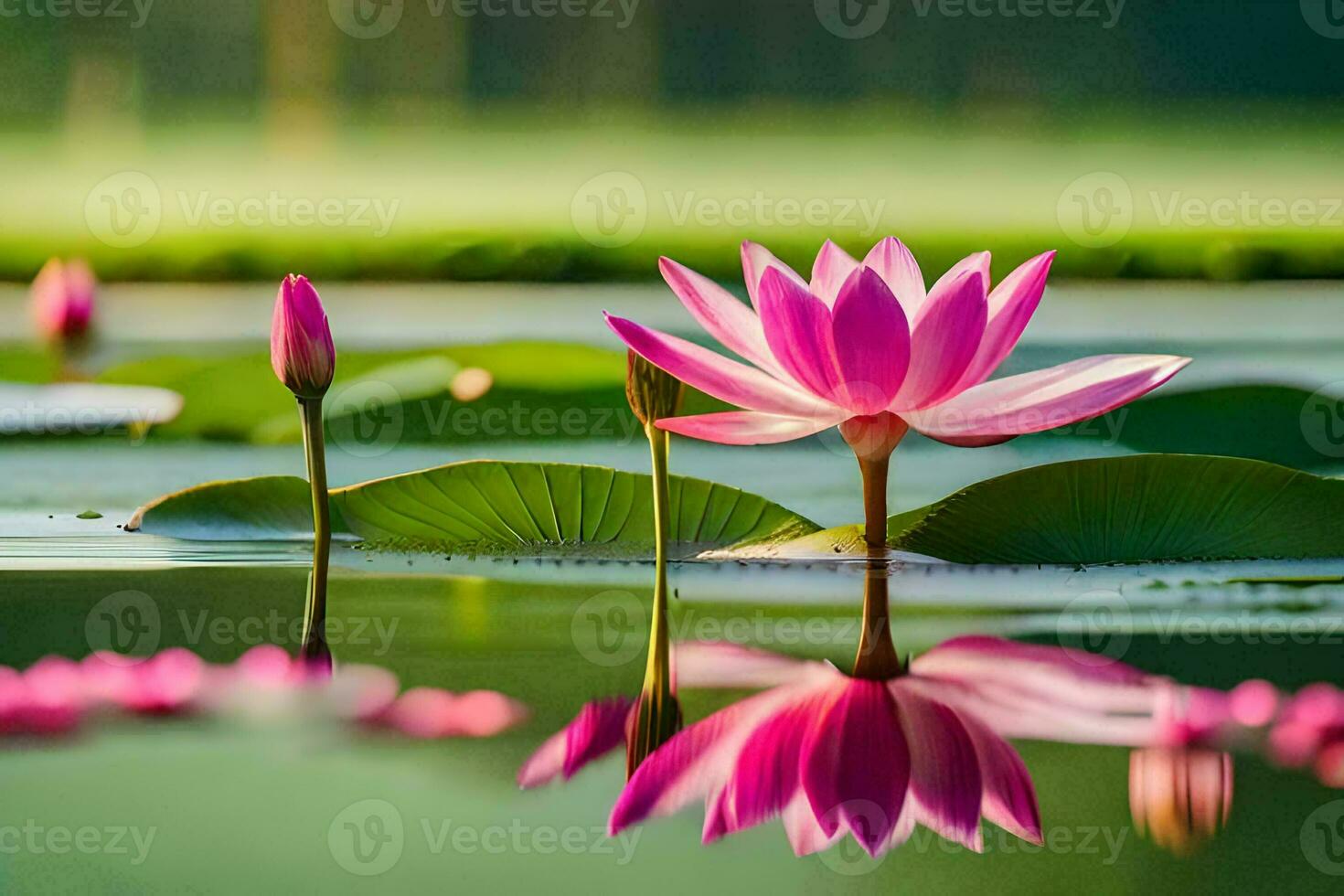 rosa loto fiore nel il acqua con le foglie. ai-generato foto