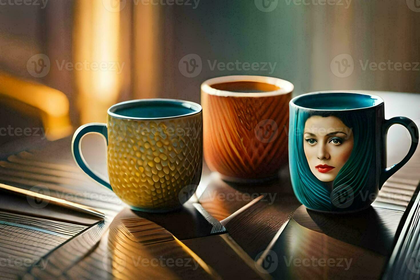 tre caffè tazze con un' donna di viso su loro. ai-generato foto