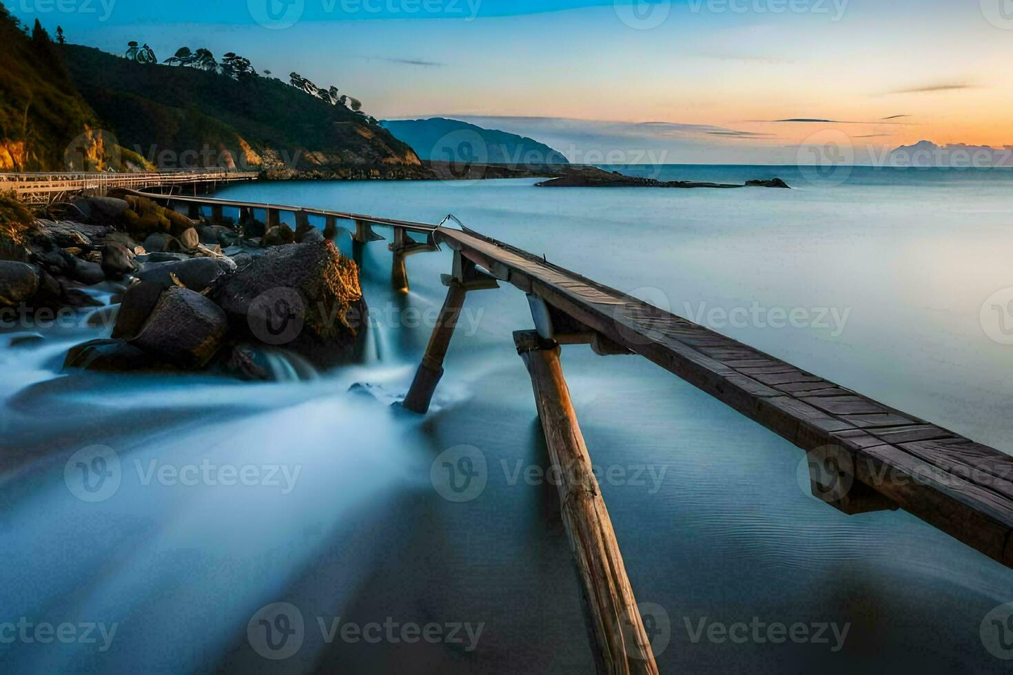 un' di legno molo tratti su in il oceano a tramonto. ai-generato foto