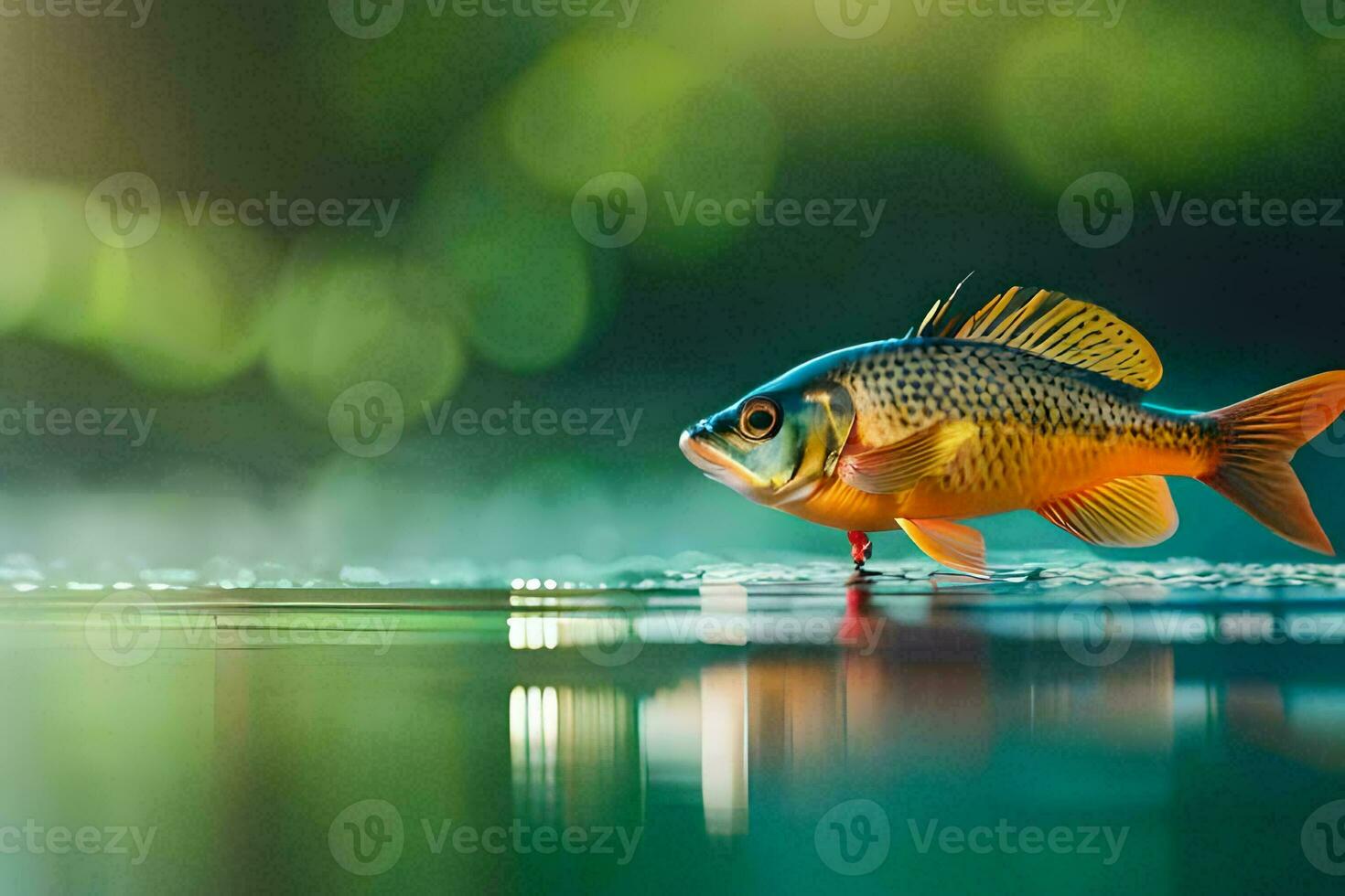 un' pesce è in piedi su il acqua con un' verde sfondo. ai-generato foto