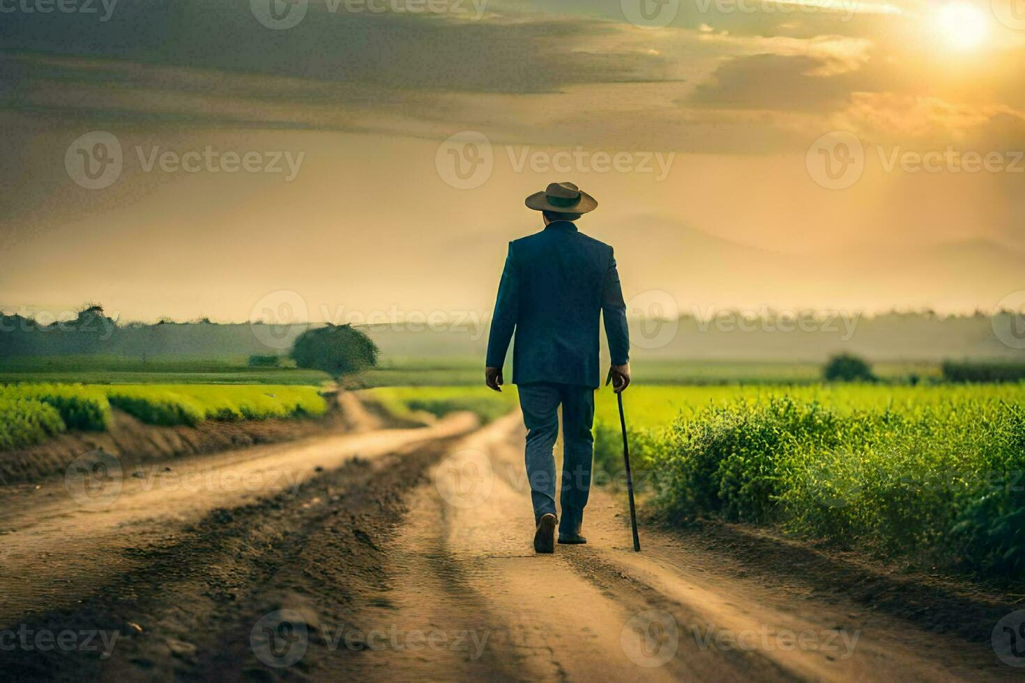 un' uomo nel un' completo da uomo passeggiate giù un' sporco strada. ai-generato foto