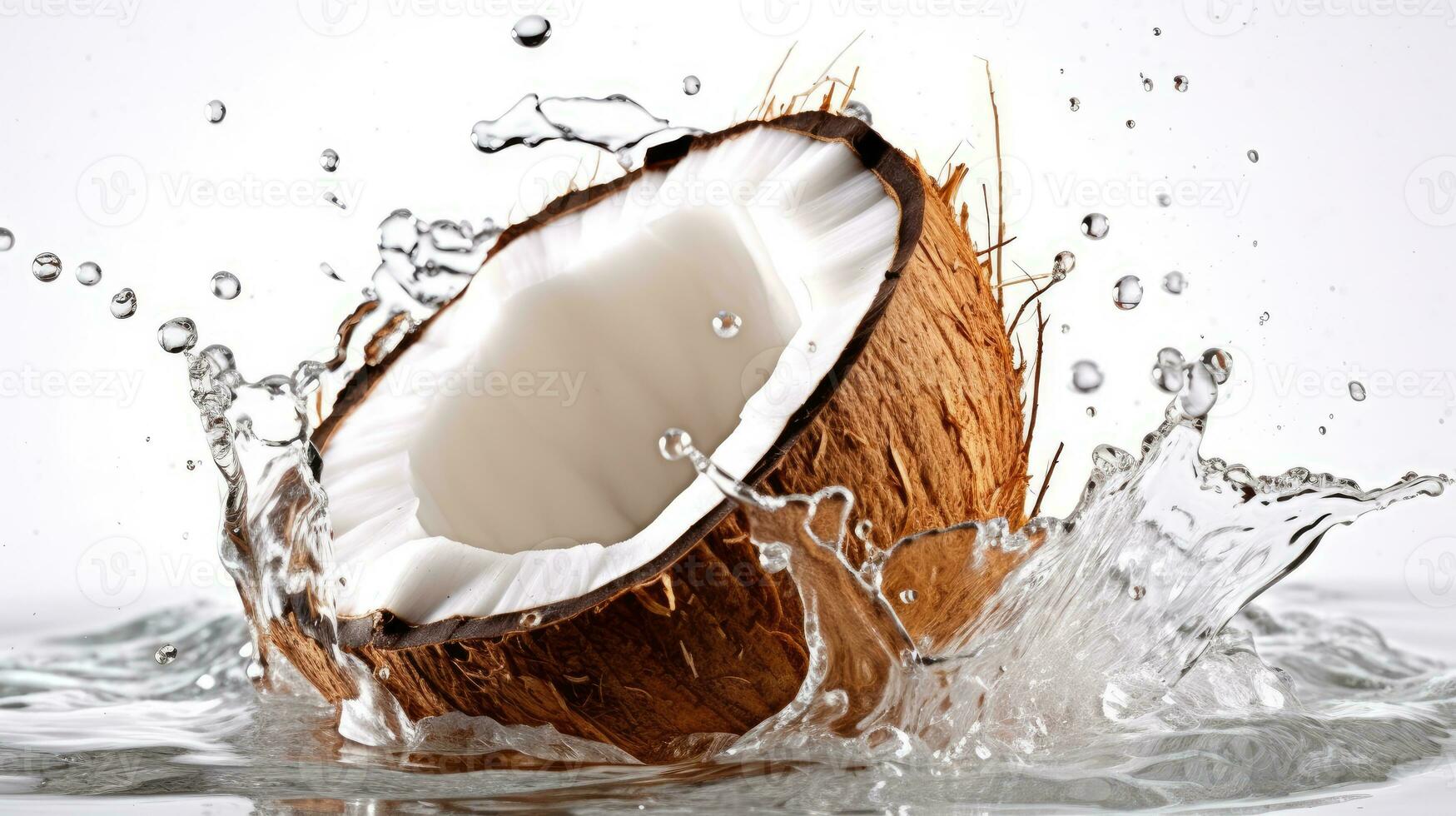 fresco Noce di cocco con acqua spruzzo isolato su bianca sfondo. Marrone Cracked Noce di cocco caduto in acqua. ai generato foto