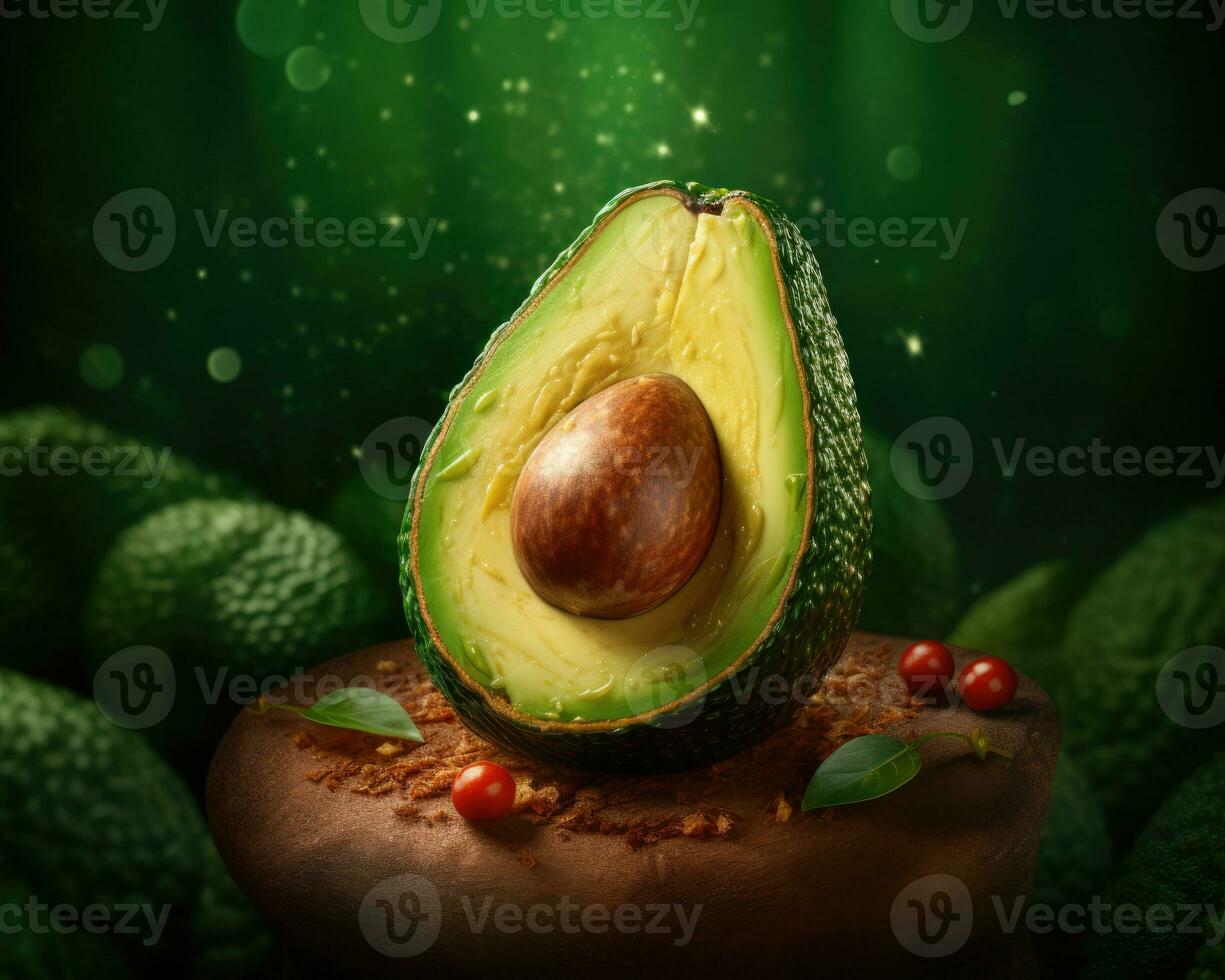 fresco verde naturale avocado tagliare nel metà con seme. avvicinamento foto. ai generato foto