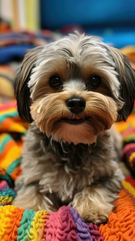 shih tzu con un' giocoso ciuffo, seduta su un' colorato coperta foto