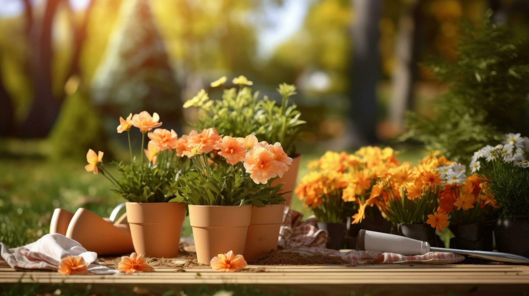 giardinaggio - impostato di utensili per giardiniere e vasi di fiori avvicinamento foto