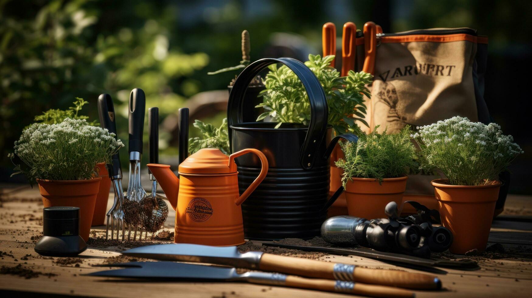 giardinaggio - impostato di utensili per giardiniere e vasi di fiori avvicinamento foto